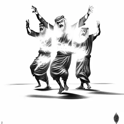 Three Old Testament middle eastern men and The Holy Spirit dancing around a blazing fire tattoo design idea