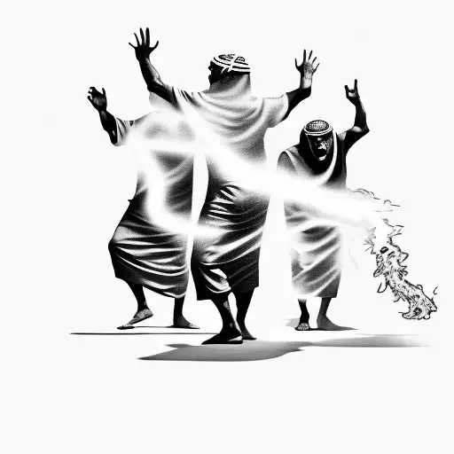 Three Old Testament middle eastern men and The Holy Spirit dancing around a blazing fire tattoo design idea