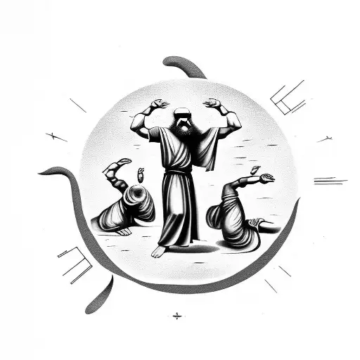 Three Old Testament middle eastern men and The Holy Spirit dancing around a fiery furnace  tattoo design idea