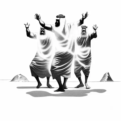 Three Old Testament middle eastern men and The Holy Spirit dancing around a blazing fire tattoo design idea