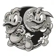 A dynamic and contrasting tattoo of two stylized Donald Duck heads, one angry and one happy, facing each other tattoo design idea