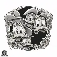 A dynamic and contrasting tattoo of two stylized Donald Duck heads, one angry and one happy, facing each other tattoo design idea