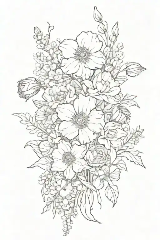 Birth Flower Bouquet with poppy, daffodil,  larkspur and carnation tattoo design idea