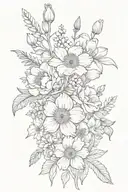 Birth Flower Bouquet with poppy, daffodil,  larkspur and carnation tattoo design idea