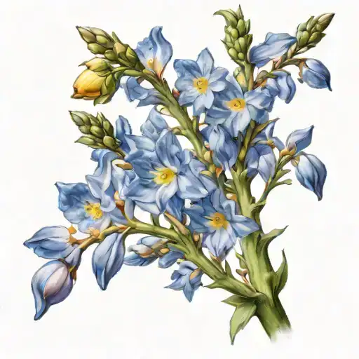 a standing baby boy turned back, holding a yellow apricot blossom branch beside the delphinium with the sunlight shines  tattoo design idea