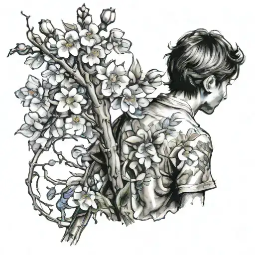 A young boy stands with his back turned, holding a branch of golden apricot blossoms. Beside him, a stunning delphinium. tattoo design idea