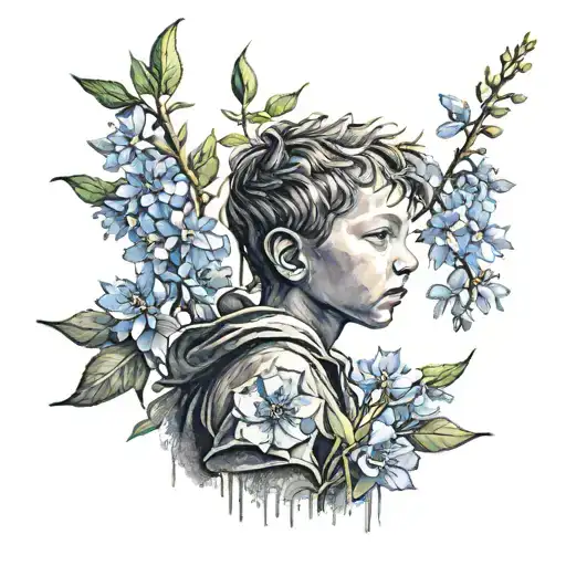 back turn out baby boy with delphiniums and he holding the apricot blossom branch with the sunlight shining through. tattoo design idea
