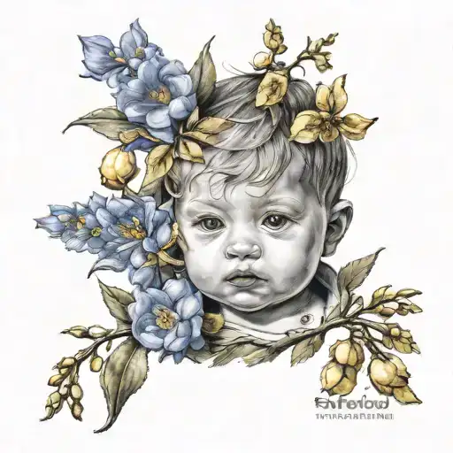baby boy, holding a yellow apricot blossom branch beside the delphinium with the sunlight shines. classic vibe tattoo design idea