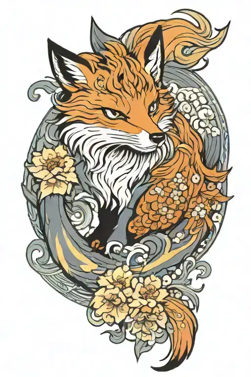 Nine-tailed fox in flowers tattoo design idea