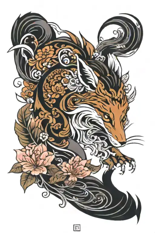 Nine-tailed fox in flowers tattoo design idea