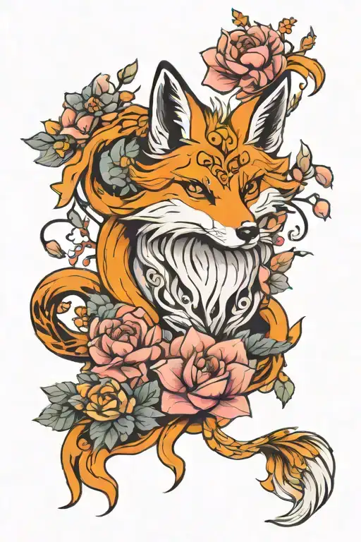 Nine-tailed fox in flowers tattoo design idea