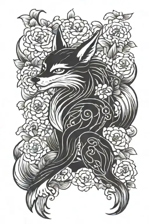 Nine-tailed fox in flowers tattoo design idea
