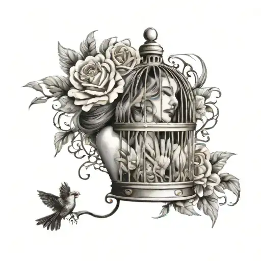 Create a tattoo of a woman in a bird cage with roses, daisies and snakes in her hair. Add a flame in the palm of her han tattoo design idea