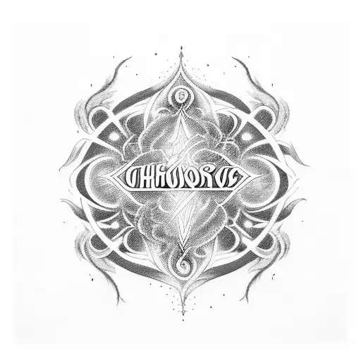 Intricate blackwork design featuring the word 'chaos' written in a gothic font surrounded by swirling smoke and flames tattoo design idea