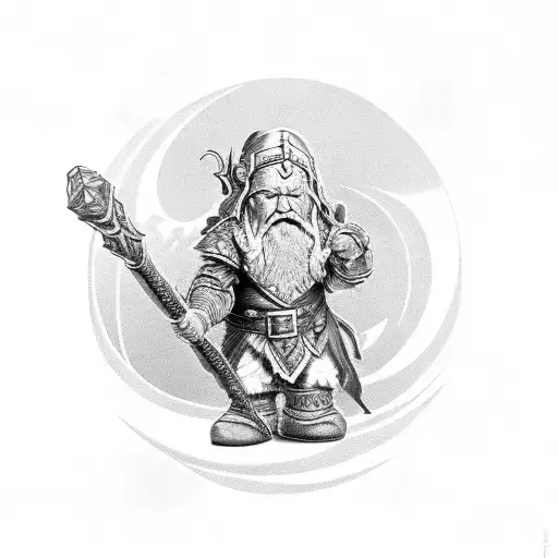 A forge domain dwarf using a magical hammer to heal a mythical creature tattoo design idea