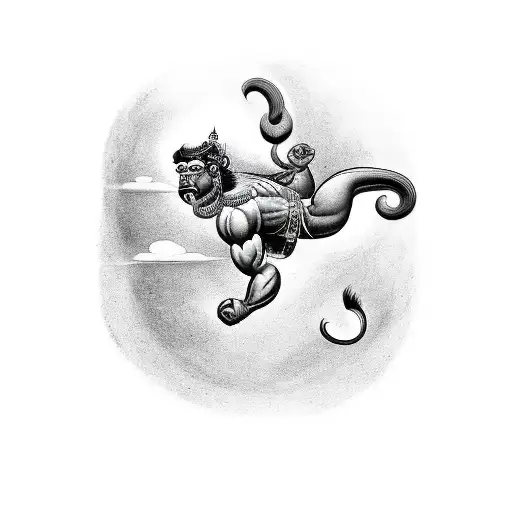 The tattoo depicts Hanuman in mid-flight, soaring through the skies with grace and power. His muscular form is accentuat tattoo design idea