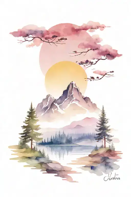 mountain scene with pine trees a river and the sunrise  tattoo design idea