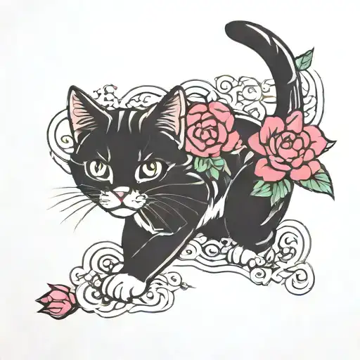 Japan cat rose tattoo design idea