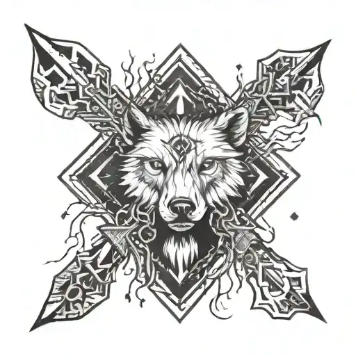 A cross made out of hunting arrows with a wolf's paw print in the center tattoo design idea