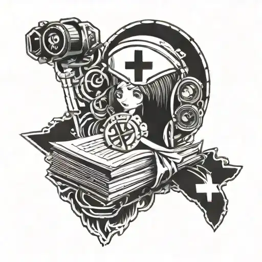 A tattoo featuring a nurse symbol with subtle references to cinema and books tattoo design idea