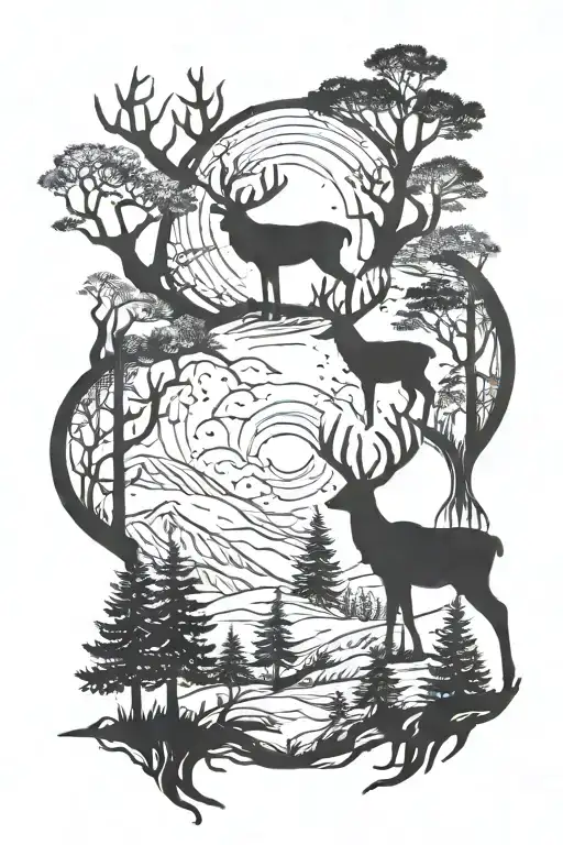 deer, forest, moon tattoo design idea