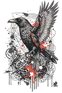 "An intricate line art tattoo of a raven with spread wings, featuring splatter ink style and dynamic, detailed strokes,  tattoo design idea