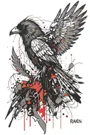 "An intricate line art tattoo of a raven with spread wings, featuring splatter ink style and dynamic, detailed strokes,  tattoo design idea