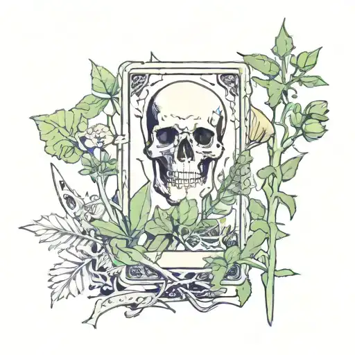 Tarot card skeleton razor blade plants tattoo design idea