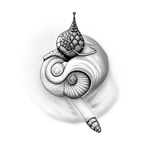 A black and grey tattoo design of a snail carrying a tiny book on its shell, symbolizing the client's love for writing and nature tattoo design idea