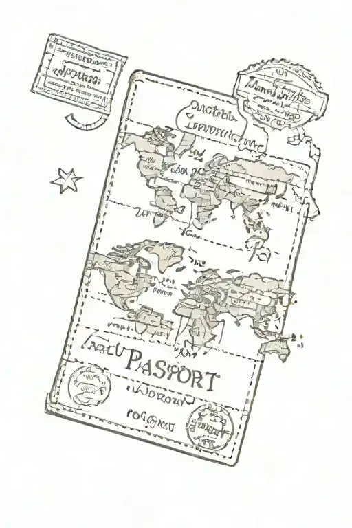 A tattoo of a passport cover design with your children's names as passport stamps, each stamp representing a memorable family trip tattoo design idea