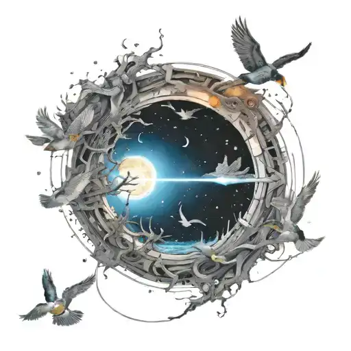 A cosmic scene with ducks flying through a quantum portal tattoo design idea