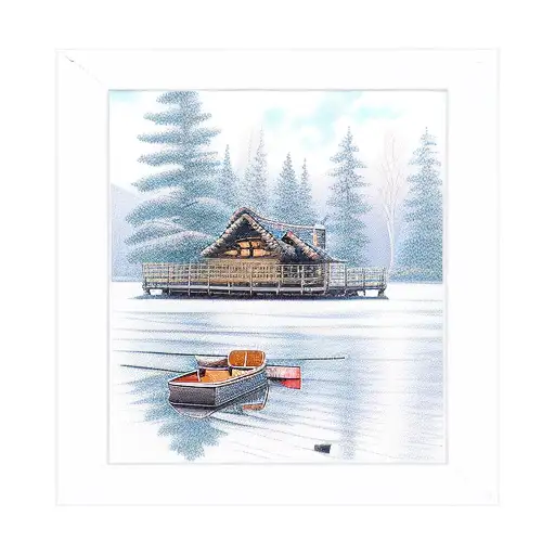 A serene lakeside scene with a log cabin and a fishing boat, framed by a carpenter's square and tools tattoo design idea