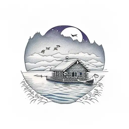 A serene lakeside scene with a log cabin and a fishing boat, framed by a carpenter's square and tools tattoo design idea