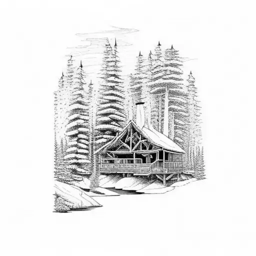 Incorporate a detailed wood carving of a cabin nestled in the Adirondack mountains tattoo design idea