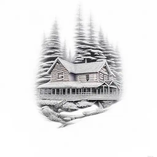 Incorporate a detailed wood carving of a cabin nestled in the Adirondack mountains tattoo design idea