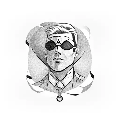 superhero man. tall and thin. dark hair. letter A on chest. tattooed. aviator eyeglasses. tattoo design idea