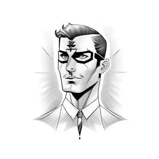 superhero man. tall and thin. dark hair. letter A on chest. tattooed. aviator eyeglasses. tattoo design idea