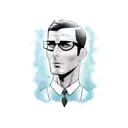 superhero man. tall and thin. dark hair. letter A on chest. tattooed. aviator eyeglasses. tattoo design idea