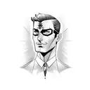 superhero man. tall and thin. dark hair. letter A on chest. tattooed. aviator eyeglasses. tattoo design idea