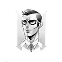 superhero man. tall and thin. dark hair. letter A on chest. tattooed. aviator eyeglasses. tattoo design idea