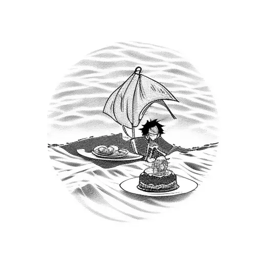 A blackwork tattoo of Luffy from One Piece enjoying a slice of cake on a tropical beach at sunset tattoo design idea