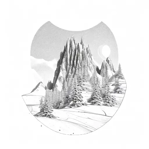A sketch-style mountain range with a lone figure standing at the summit tattoo design idea