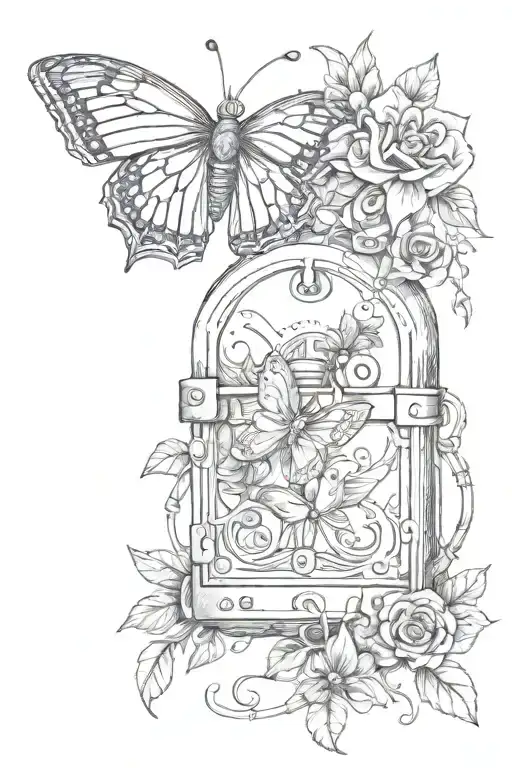 purple turn butterfly with a padlock and chain flowers   tattoo design idea