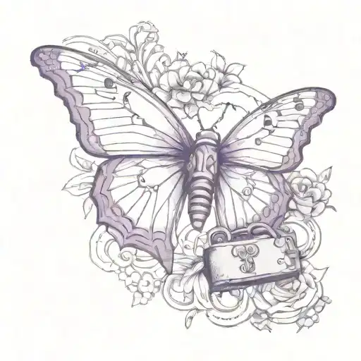 aggressive  purple turn butterfly with a padlock and chain flowers  tattoo design idea