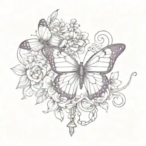 purple turn butterfly with a padlock and chain flowers   tattoo design idea