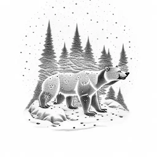 A tattoo depicting a snow-covered forest with constellations forming the shape of a bear tattoo design idea