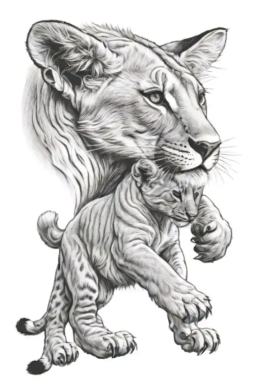 butterfly lioness cub playing tattoo design idea