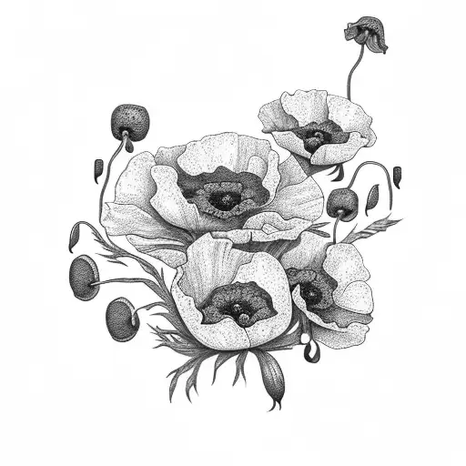 An intricate black and grey tattoo depicting a mother embracing her children, surrounded by poppy flowers tattoo design idea