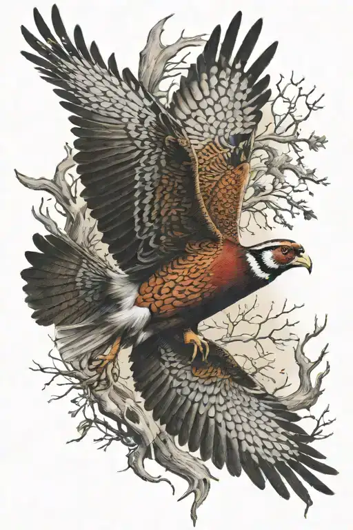 pheasant flying through deer antler tattoo design idea