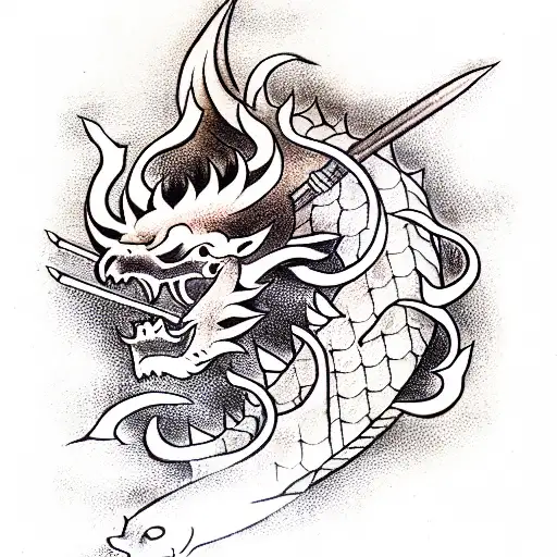 Samurai, knife, dragon, fish tattoo design idea